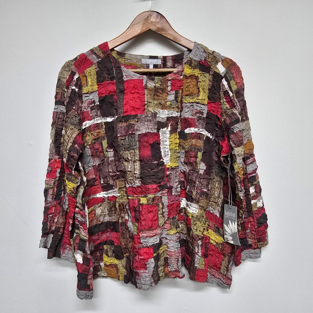 Habitat Garnet Abstract Patchwork Crinkle Top Women Size S Lagenlook Artistic